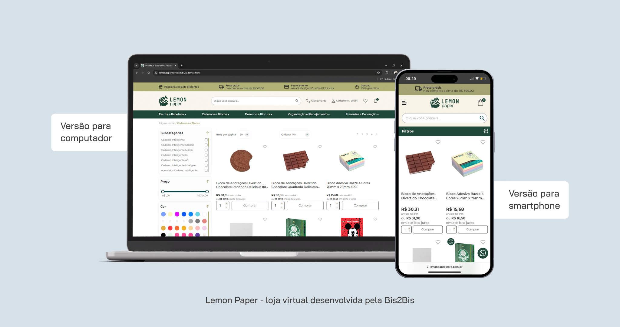 Na imagem, duas versões da interface mobile first desenvolvida para uma Loja Virtual pela Bis2Bis.