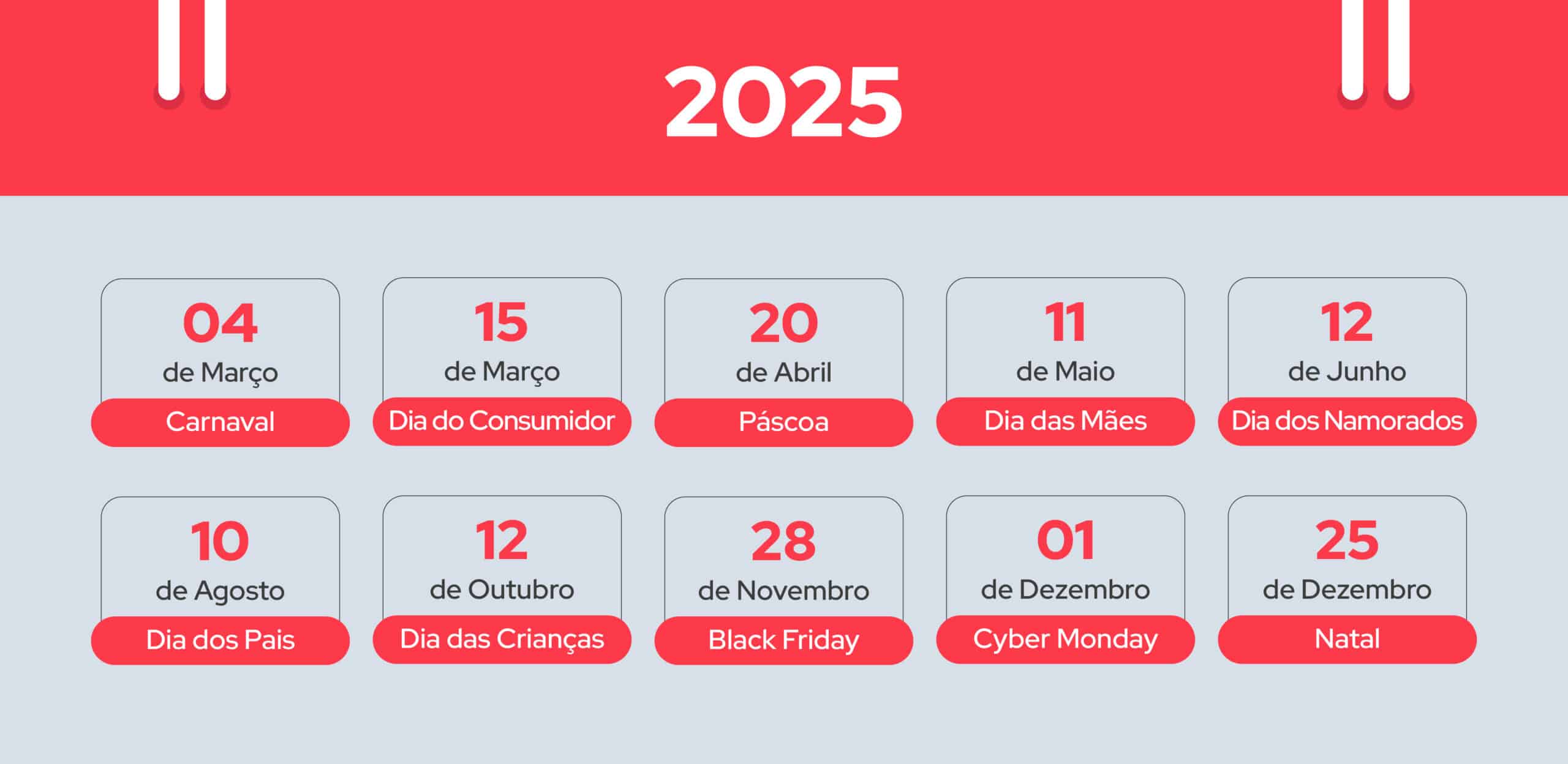 Calendário comercial com as mais importantes datas comemorativas do E-commerce.