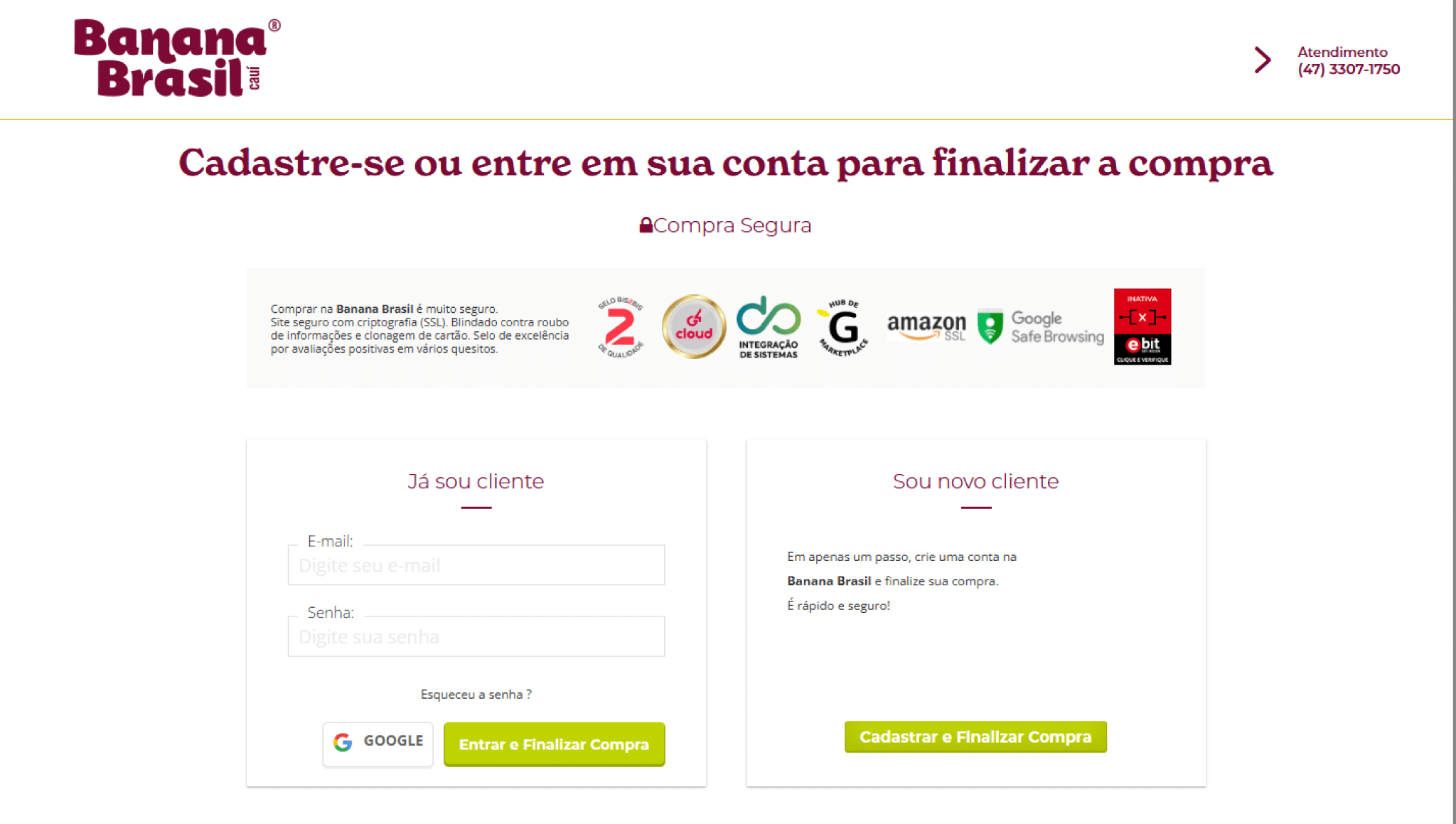 Checkout da Banana Brasil, Loja Online desenvolvida pela Bis2Bis E-commerce.