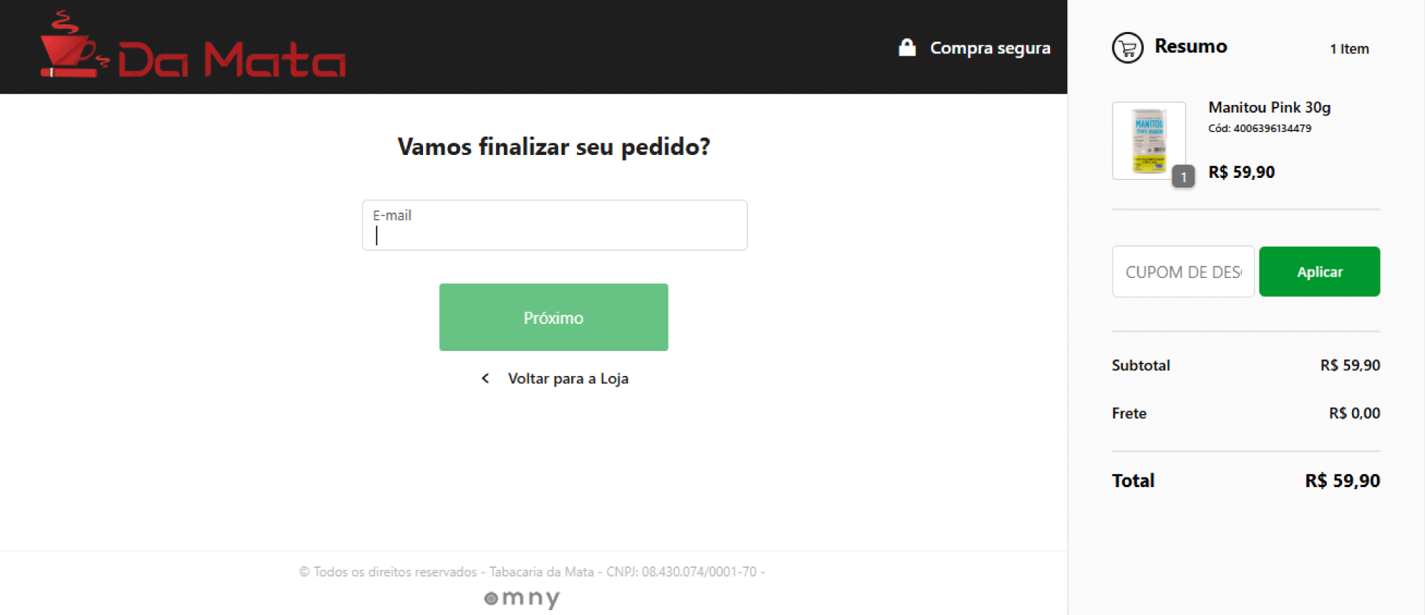 Na imagem, a Omny Checkout na Tabacaria Da Mata, Loja Virtual desenvolvida pela Bis2Bis E-commerce.