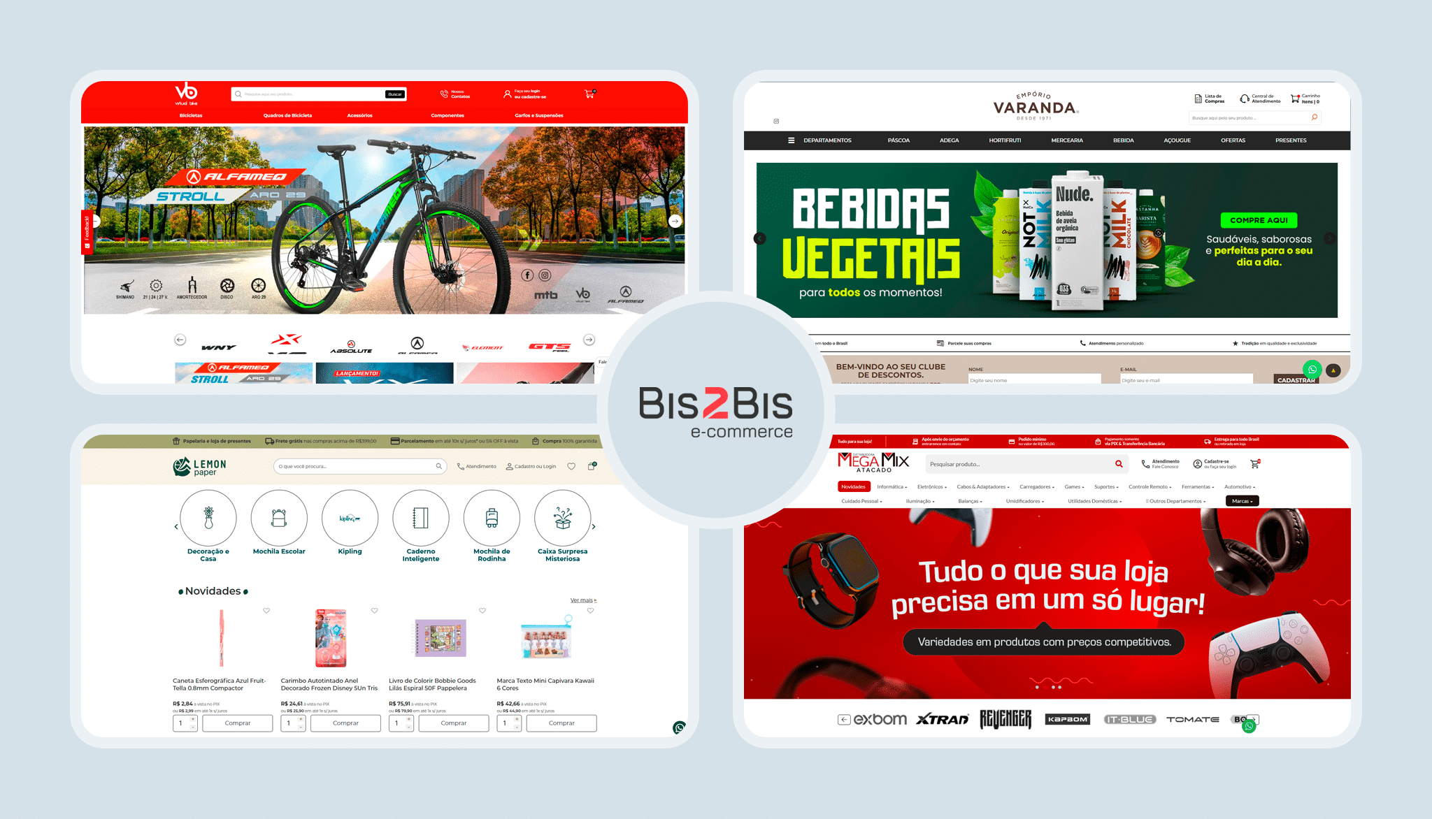 Virtual Bike, Empório Varanda, Papelaria Lemon Paper, Distribuidora Mega Mix - Lojas Virtuais Desenvolvidas pela Bis2Bis E-commerce